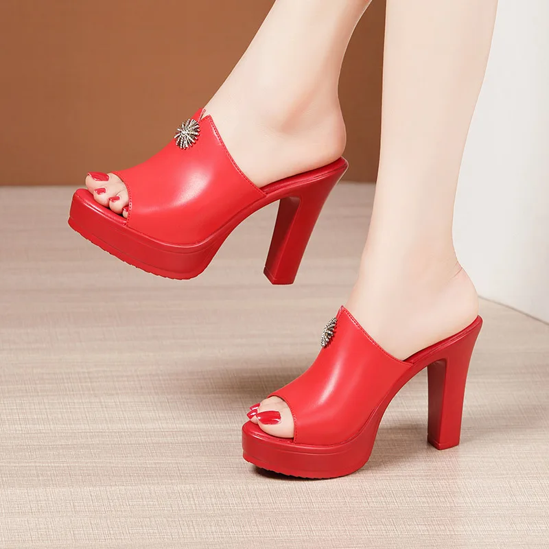 

10 см, маленький размер 32–43, элегантные туфли на высоком каблуке с открытой головкой, летние шлепанцы, 2025 г., женские шлепанцы из мягкой кожи, модель на платформе