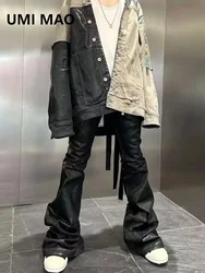 UMI MAO RO Style 2023 Niche Dark Brushed Wax Coating Pure Black High Elastic Ribbon Jeans Wide Leg Micro Flared Pants Men