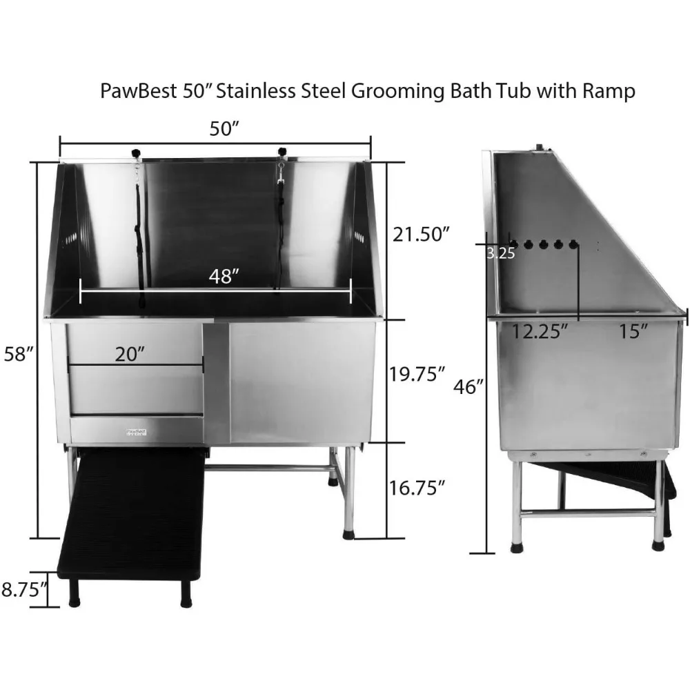 Stainless Steel Dog Grooming Bath Tub with Ramp, Faucet, Hoses and Loops (50