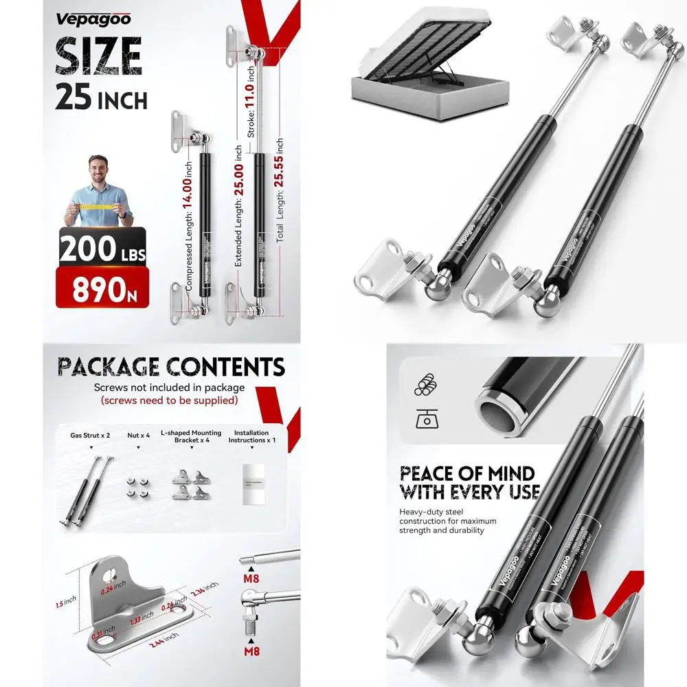 

Pair of 25 200lb Gas Struts for RV Storage Doors, Heavy Duty Springs with Brackets (Supports 185-215lb Lids)