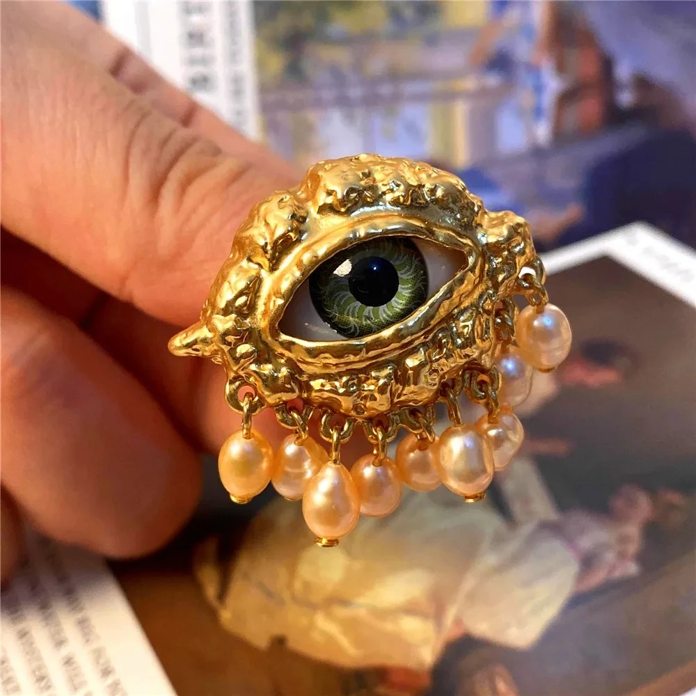 Personality Eye Open Ring Devil\'s Eye Freshwater Pearl Tassel for Women Men Jewelry Brass 2023 New European And American Trendy