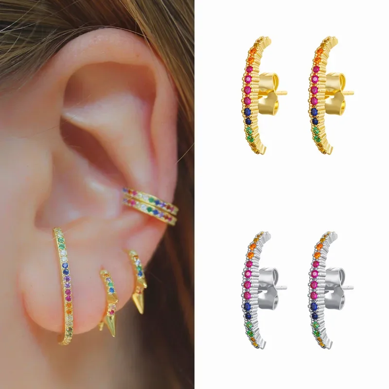 SIPENGJEL Fashion Single Row Crystal Zircon Geometric Stud Earrings for Women Ear Hook Clip Earrings Statement Piercing Jewelry