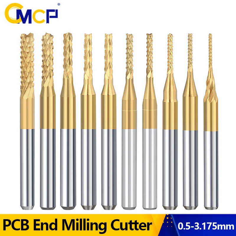 

CMCP PCB Milling Cutter 10pcs TiN Coated 0.5-3.175mm CNC Router Bit 3.175mm Shank Carbide End Mill for PCB Machine Milling Tools