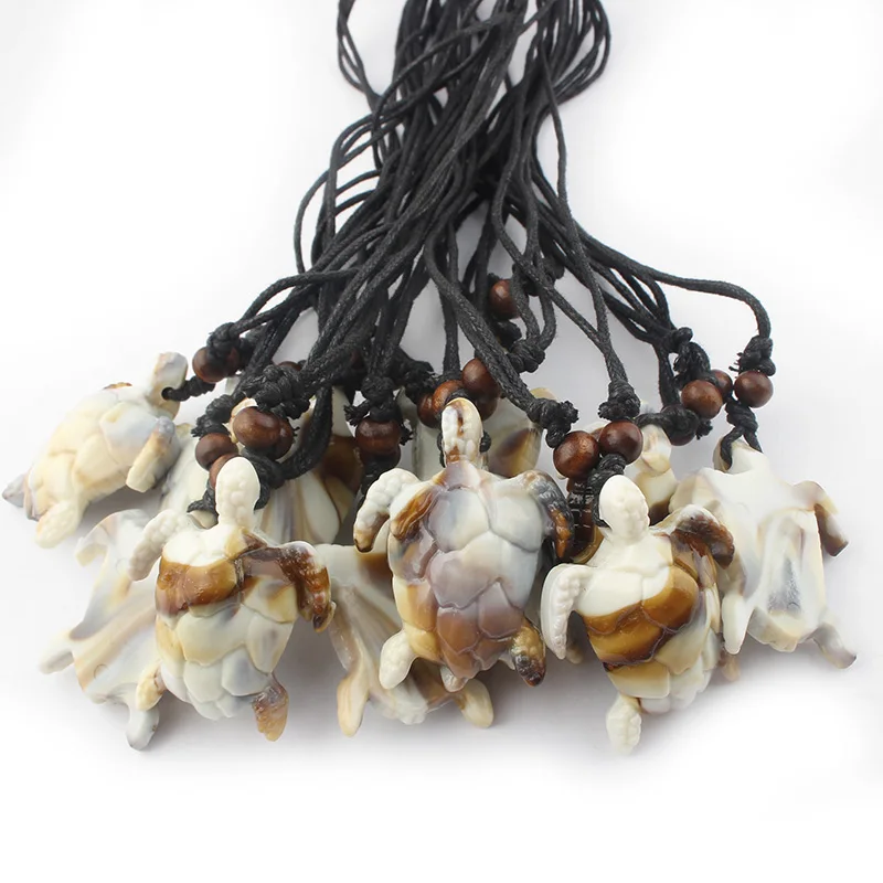 12pcs/lot Mixed Color Sea Turtle Resin Pendant Necklace Faux Yak Bone Charms Necklace Trend Wax Rope Jewelry Wholesale