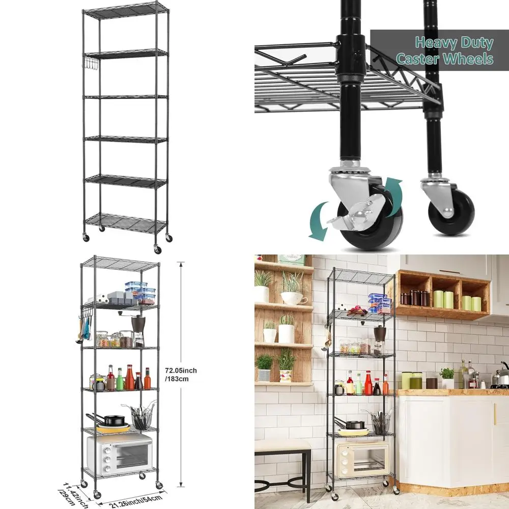 

6-Tier Wire Shelving Unit with Casters, Side Hooks, Black for Home Storage Organization
