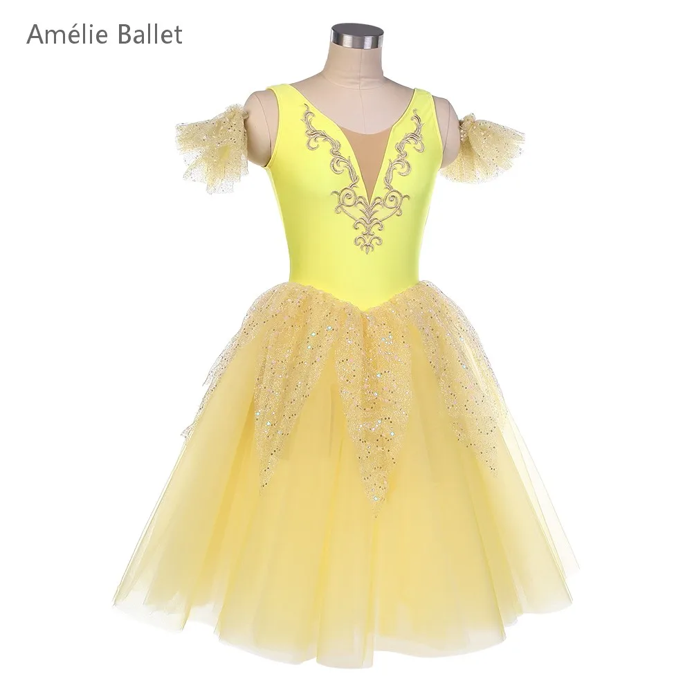 25099 Geel Spandex Top Lijfje met Gouden Trim Romantische Ballet Tutu Volwassen Meisjes Stage Performance Danskostuums