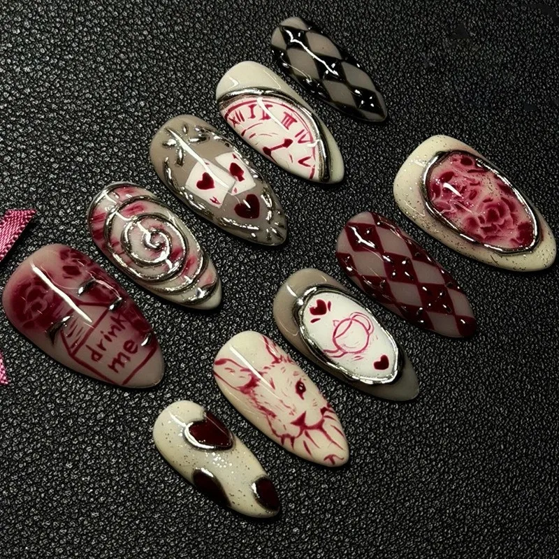 30 piezas Uñas postizas 3D Dream Rose Corazón y animal Ola Uñas postizas cortas en forma de almendra Cobertura completa para mujeres y niñas Falso arte de uñas