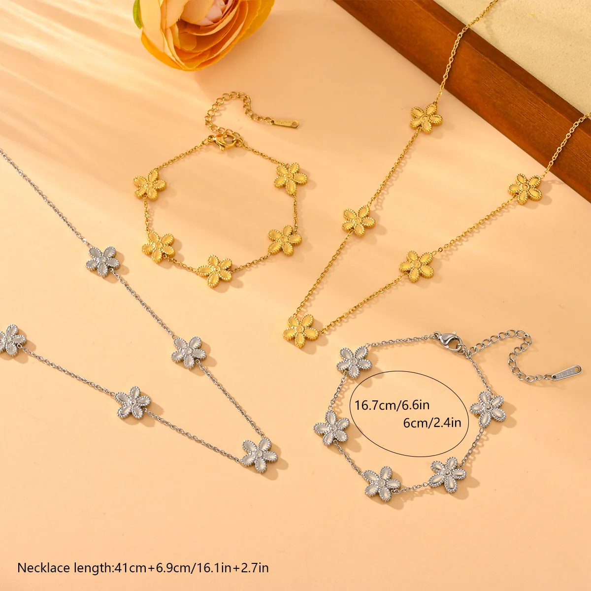 Graceful Little Daisy Titanium Steel Necklace/Bracelet 18K Gold Plated Waterproof Hypoallergenic Jewelry for Women Girls Gift