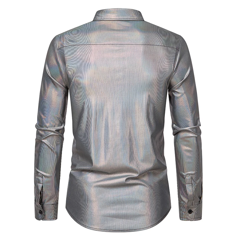 Silver Metallic Giltter Dress Shirts Men 2023 New 70's Disco Party Halloween Costume Shirt Mens Club Stage Performance Chemise