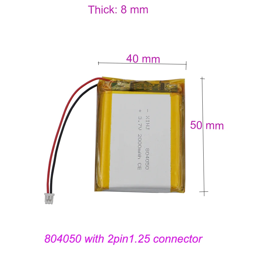 3.7v 2000mah 7.4Wh Rechargeable Lipo Li Lithium Battery 804050 JST 2pin 1.25mm Plug Repair Amber Crystal Ball Night Light