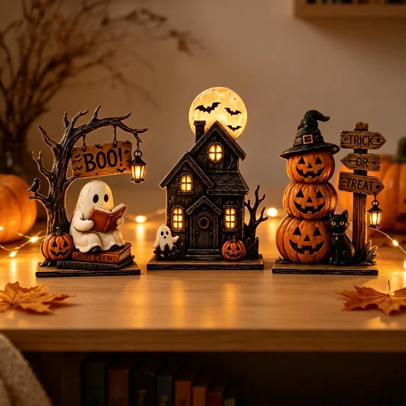 Vintage Halloween Wooden Tabletop Ornaments Stacked Pumpkin Ghost House Figurines Spooky Desktop Holiday Party Decor