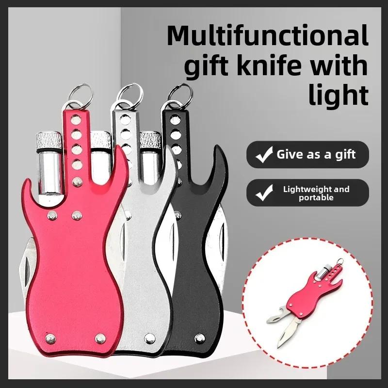 Outdoor Portable Folding Knife Guitar Style Combination Hand Tool Multifunctional Mini Knife With Light Key Bottle Opener Gift