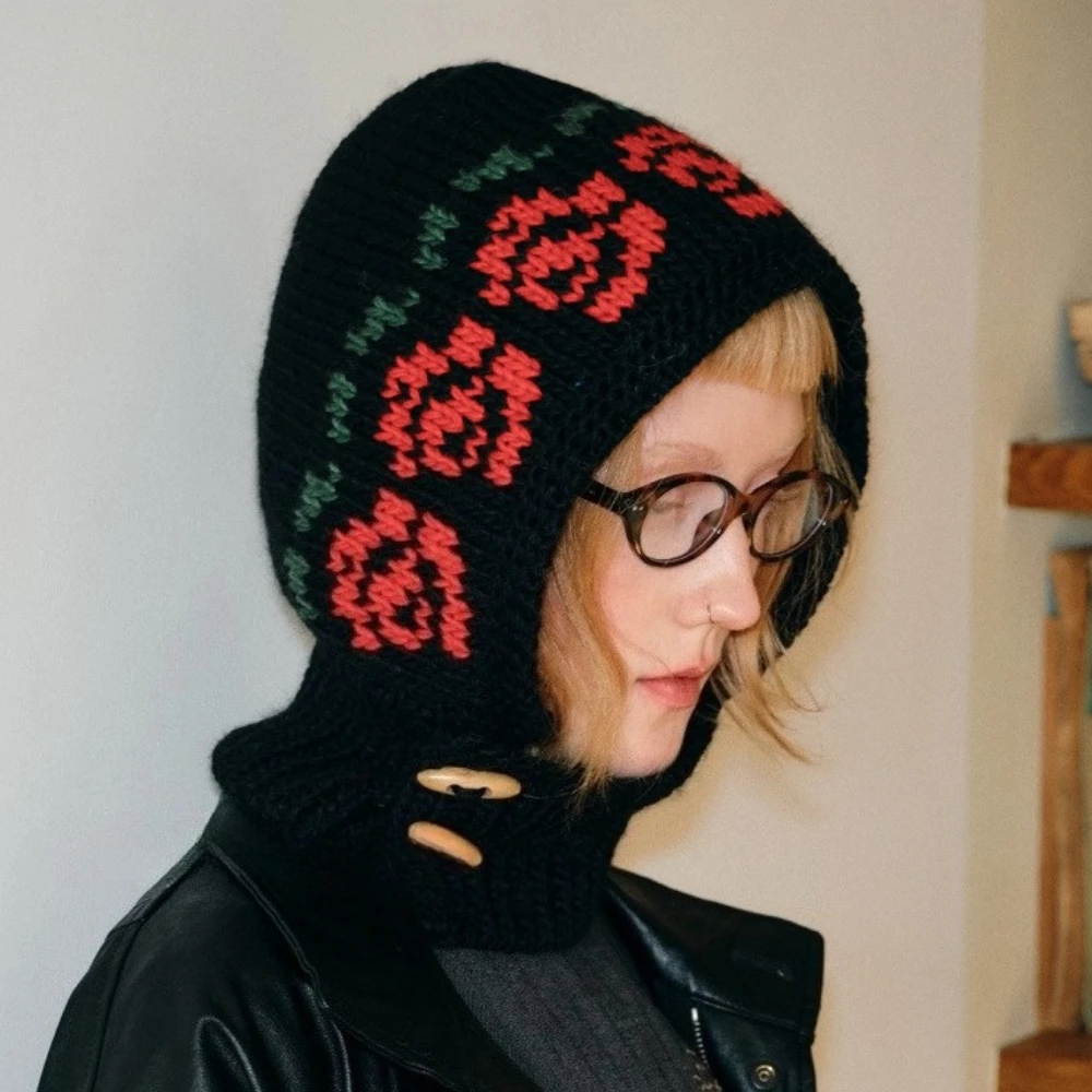 New Korean Ins Retro Rose Flower Balaclava Hat Horn Button Pattern Knitted Hats Girls Women's Winter Warm Pullover Beanies Hat