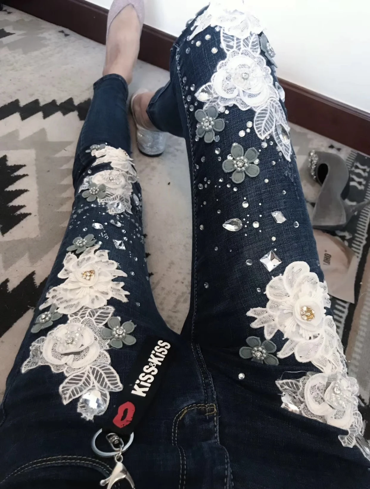 Designer Style Heavy Industry Beads Rhinestone Stretch Pencil Pants Chic 3D Flowers Blue Jeans Women Autumn Trousers Pantalones