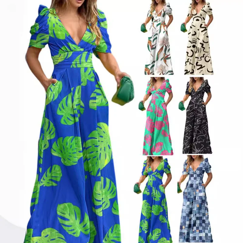 

Women's Short-Sleeved Printed Jumpsuit, V-Collar, Nipped Waist Trousers, Clothing for Independent Station