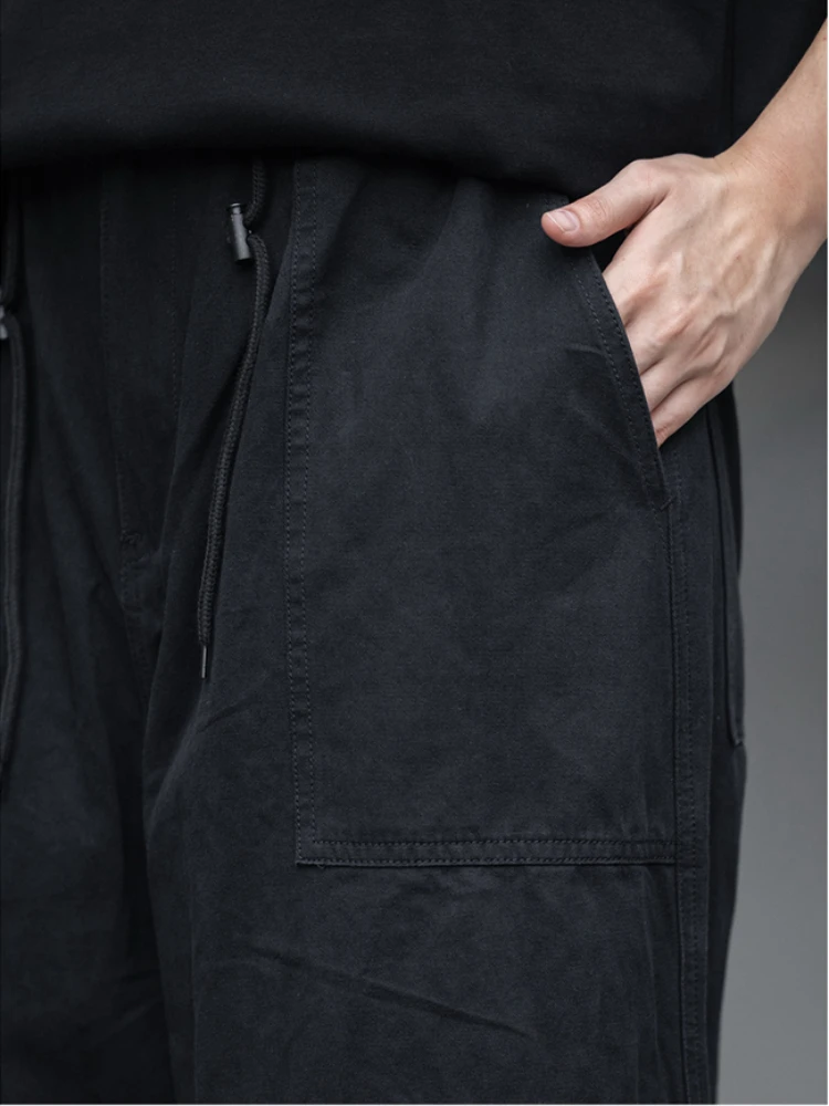 Japanese Cargo Pants Men Women Solid Color Wide Legs Oversize Casual Trousers Cotton Elasticated Waist Drawstring Loose Britches