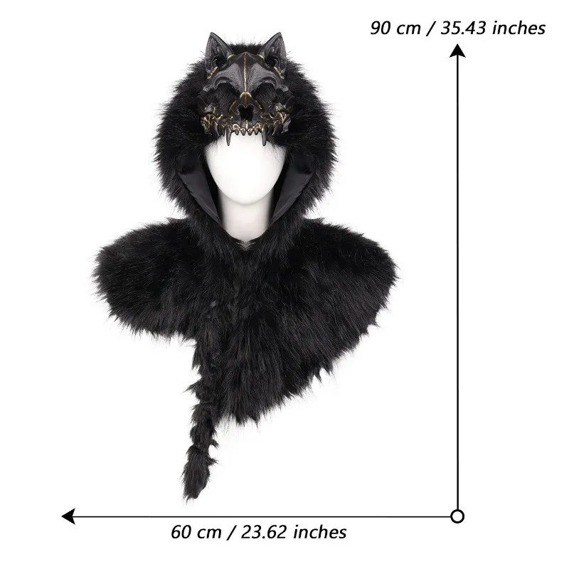 Vintage Wolfsschädel-Kapuzenschal, Harte Maske, Kopfbedeckung, Umhang, Accessoire für Renaissance, Halloween-Party, Bühnenauftritt, Cosplay, Verkleidung – Detail 2