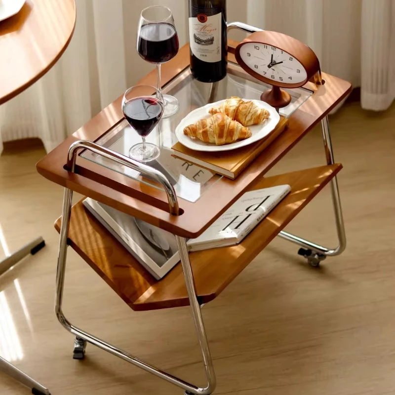 Japanese-style solid wood trolley shelf living room sofa side coffee table retro removable bedroom bedside table snacks