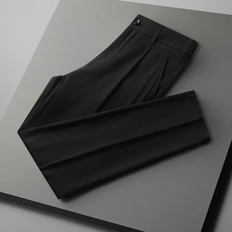 Men's Slim Fit Straight Leg Pants Nine-Tenths Ice Silk Thin Casual Trousers Summer Cool Style Fashionable Youth Leisure Pants