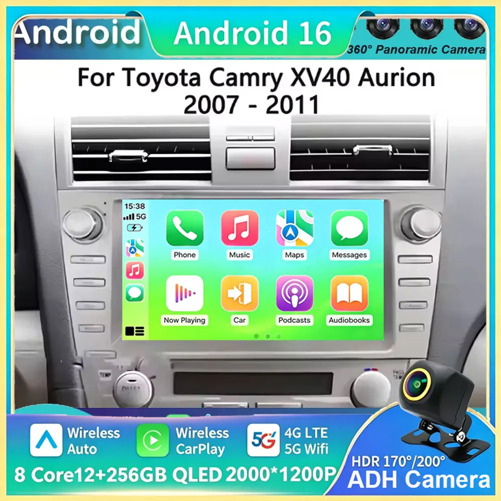 Carplay Auto Android 16 For Toyota Camry XV40 Aurion 2007 - 2011 2 Din Car Multimedia Stereo Player GPS Navigation Wifi FM 4G
