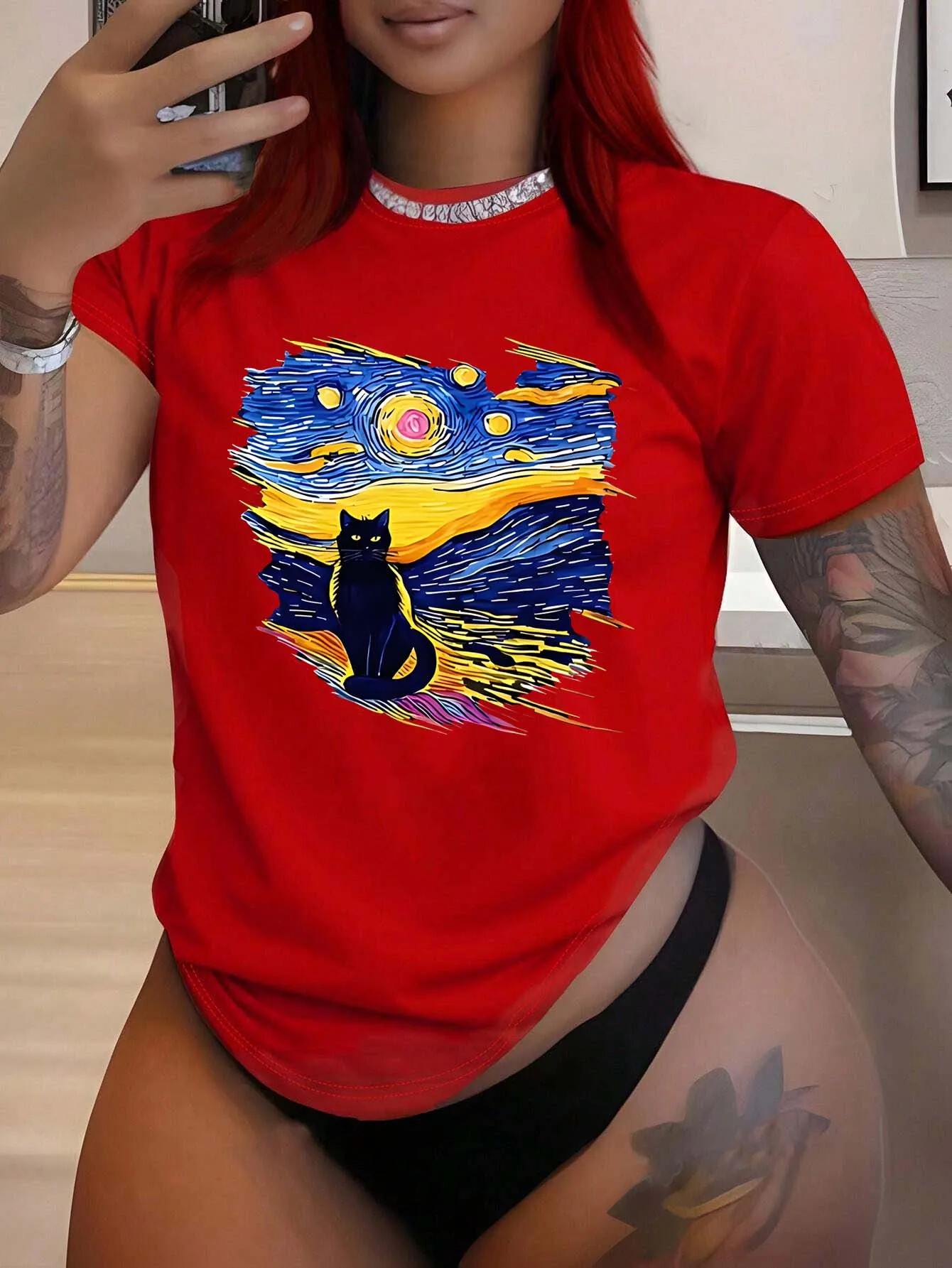 Camiseta de verano de moda con patrón cuadrado de gato azul vibrante único de talla grande