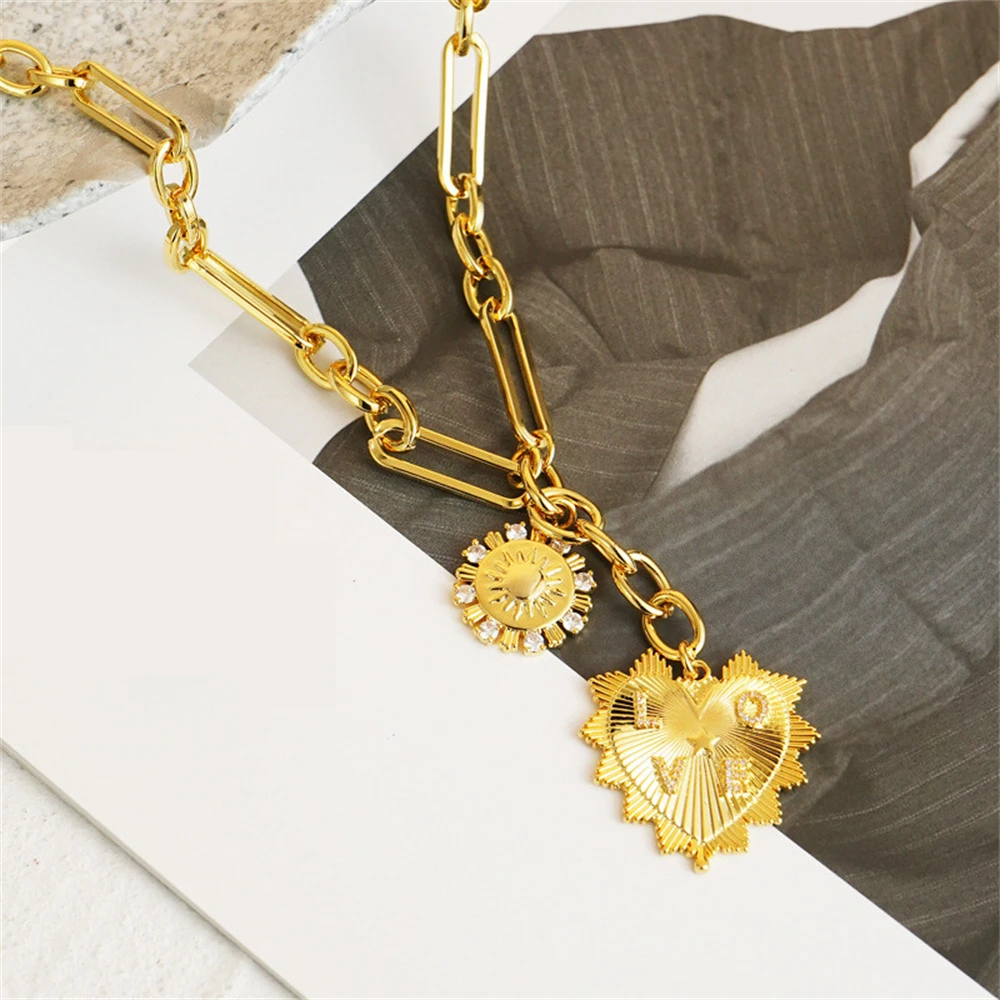 Chunky Gold Color Heart Pendants Necklace Sun Flower Necklaces for Women Aesthetic Jewelry Hip Hop Zircon Choker Christmas Gift