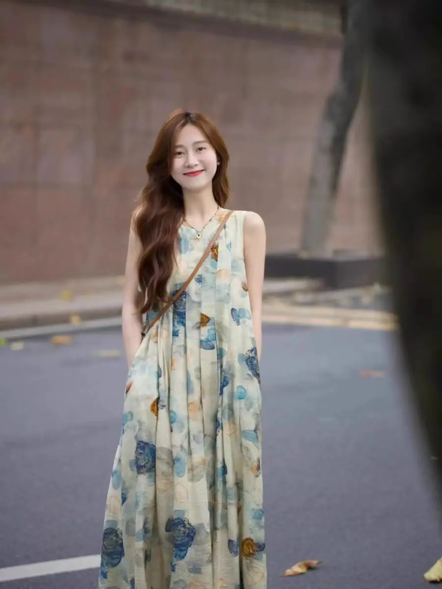 

Summer Cotton Linen Print Tank Long Dress Women Casual Loose O Neck Chinese Style Breathable Dress Elegant Oversize Robe X1328