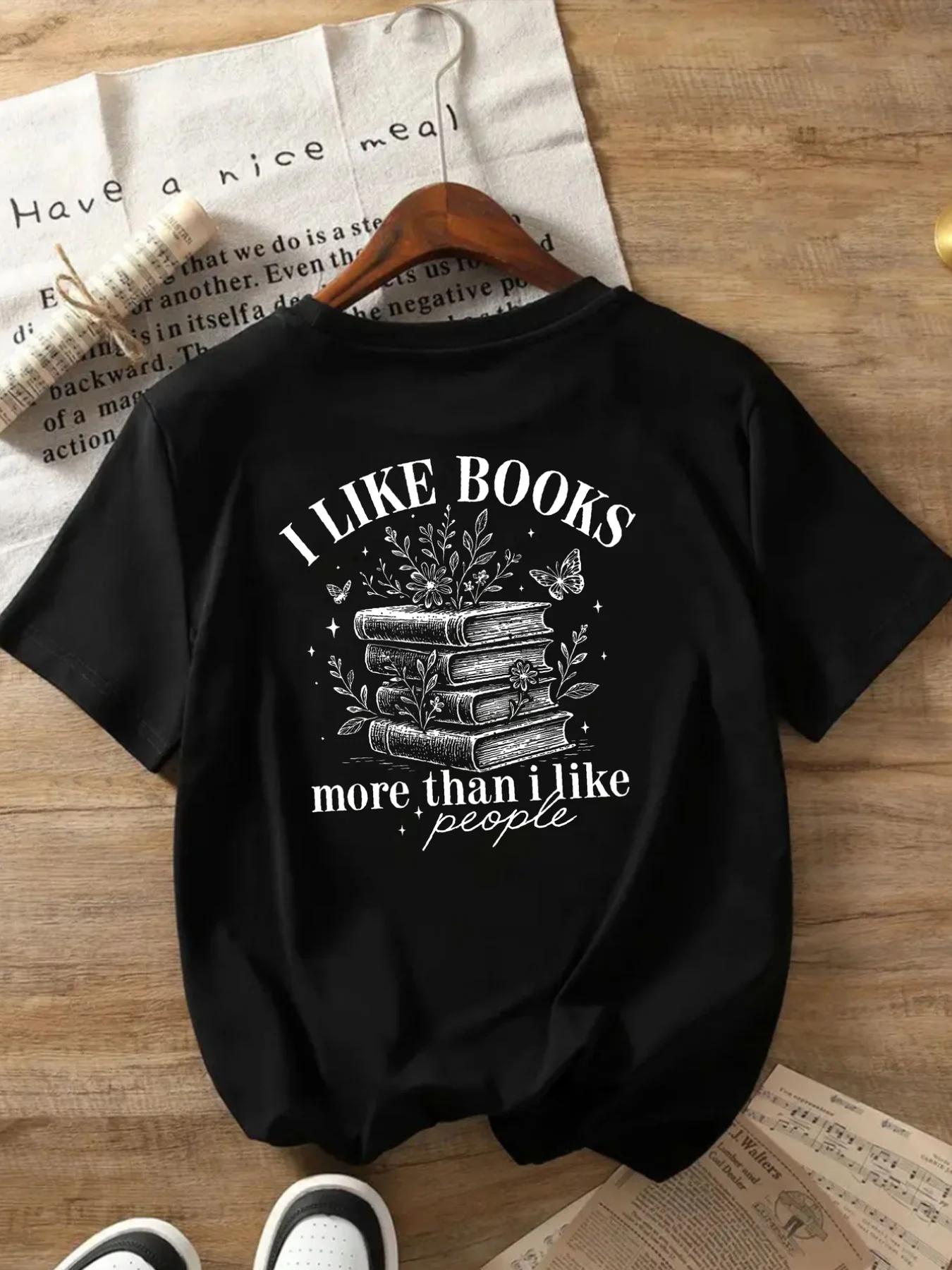 Women's Black Casual Long Sleeve T-Shirt - "I Prefer Books to People" Front and rear print with floral pattern design, loose