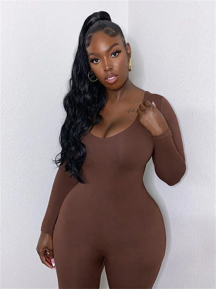 

InGrily Fashion Casual Sporty Jumpsuits Women Low-Neck Long Sleeve Stretchy Fitness Skinny Workout 2025 Slim Outfits Streetwear