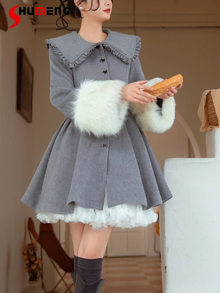 French Elegant Retro Doll Collar Plush Sleeve Heart Single-Breasted High Waist Slim A-line Long Wool Jackets Coats Women Winter