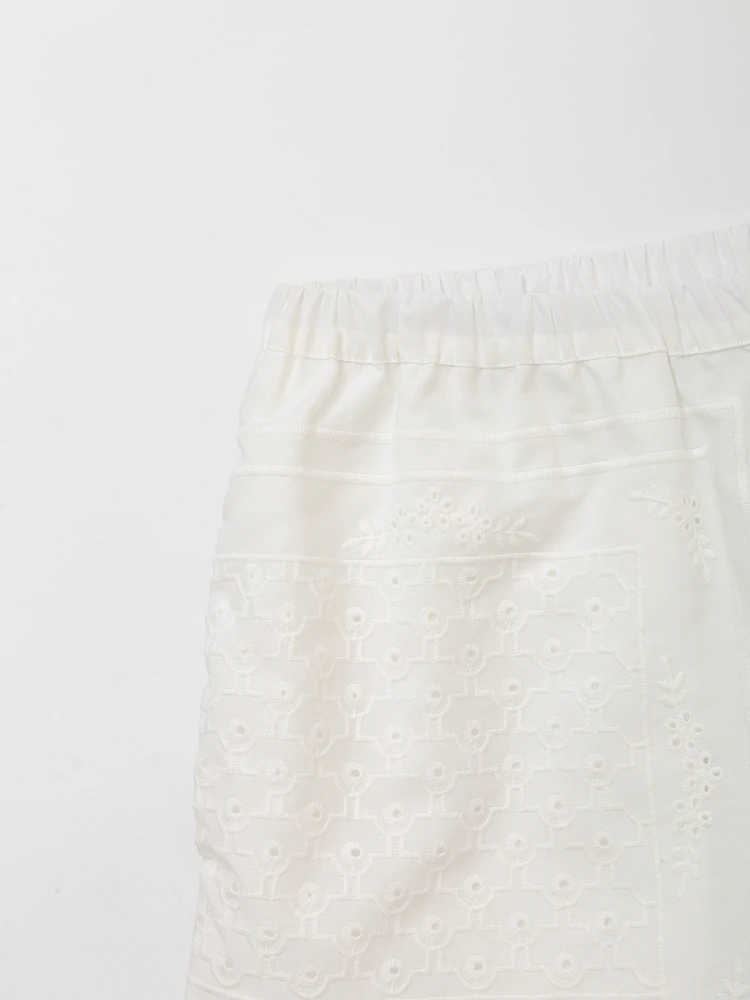 Shorts e camisa de manga curta para mulheres, conjunto casual de 2 peças, conjuntos combinando, branco, bordado cutwork, verão