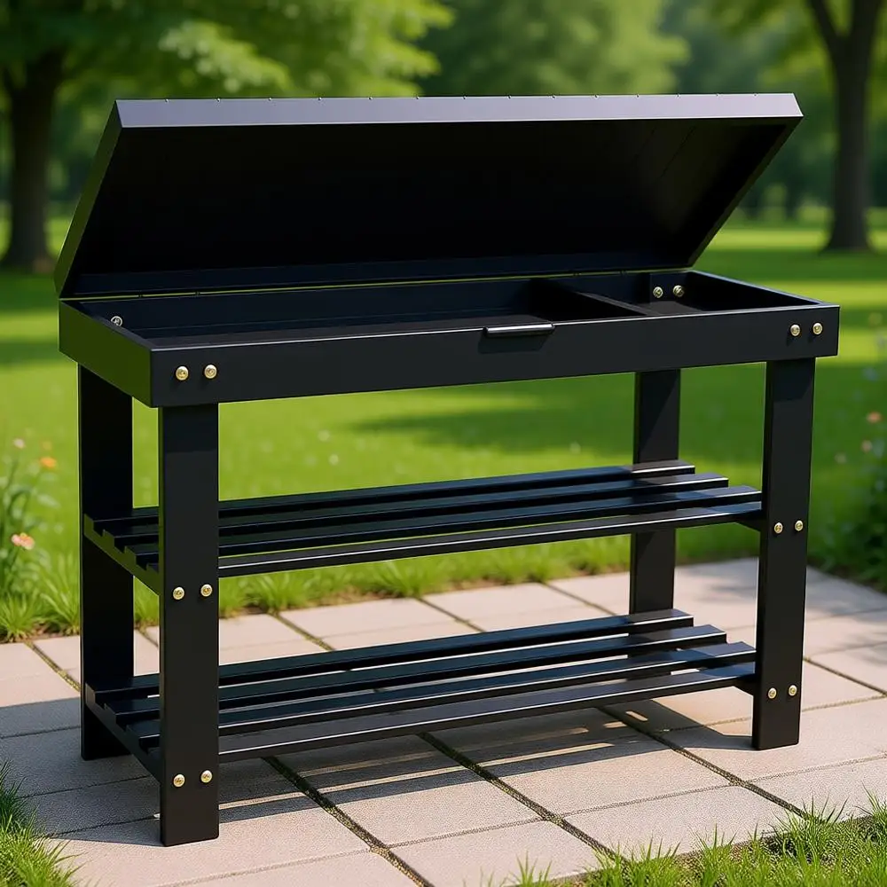 

3-Tier Bamboo Shoe Rack Bench with Storage, Small Entryway Organizer for Indoor or Outdoor Use, Black