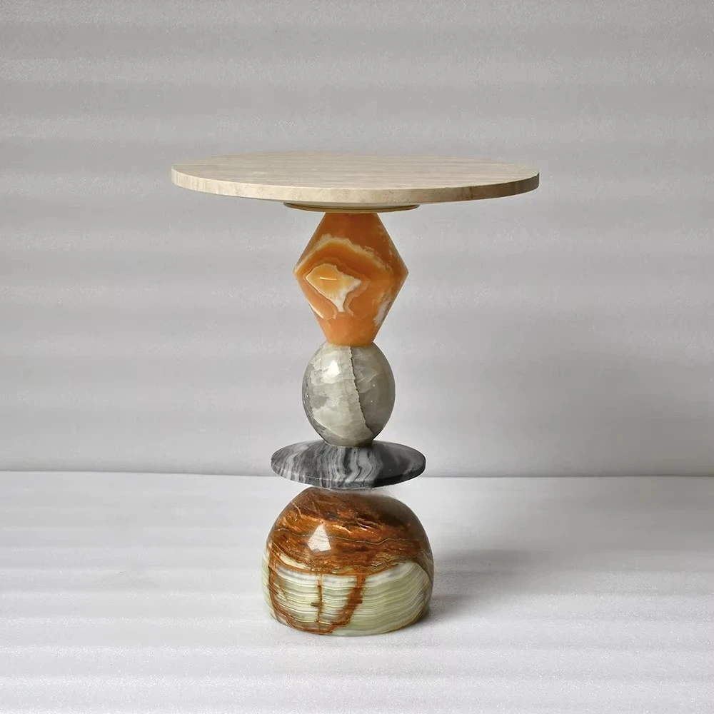 Custom Scandinavian Design Side Table Natural Marble Travertine & Jade Green Onyx Hotel Coffee Table Furniture Stone Material