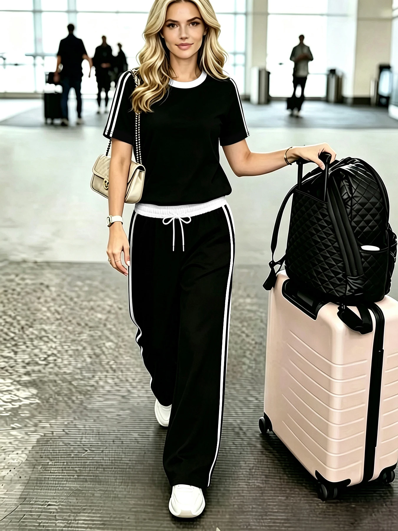 Everyday Versatile Casual Outfit, Solid Color Women's Two-Piece Set, Loose Fit That Flatters All Body Types, Age-Reducing Style for Work, Short-Sleeve Top and Long Jogger Pants Two-Piece Set, Autumn and Winter Campus Wear, Women's Clothing