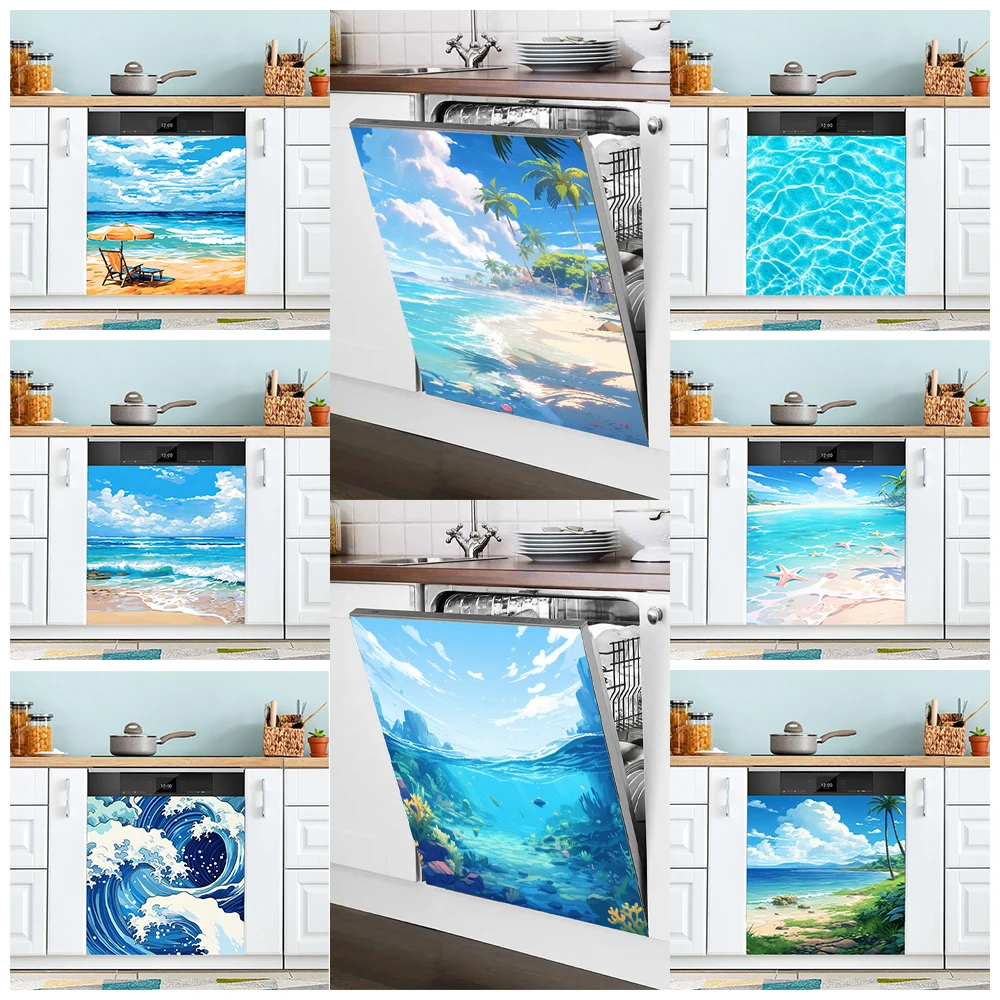 

Watercolor Anime Summer Beach Mural Dishwasher Sticker Cover, Kitchen Decorative Washing Machine Dish Washer Door Panel Decals