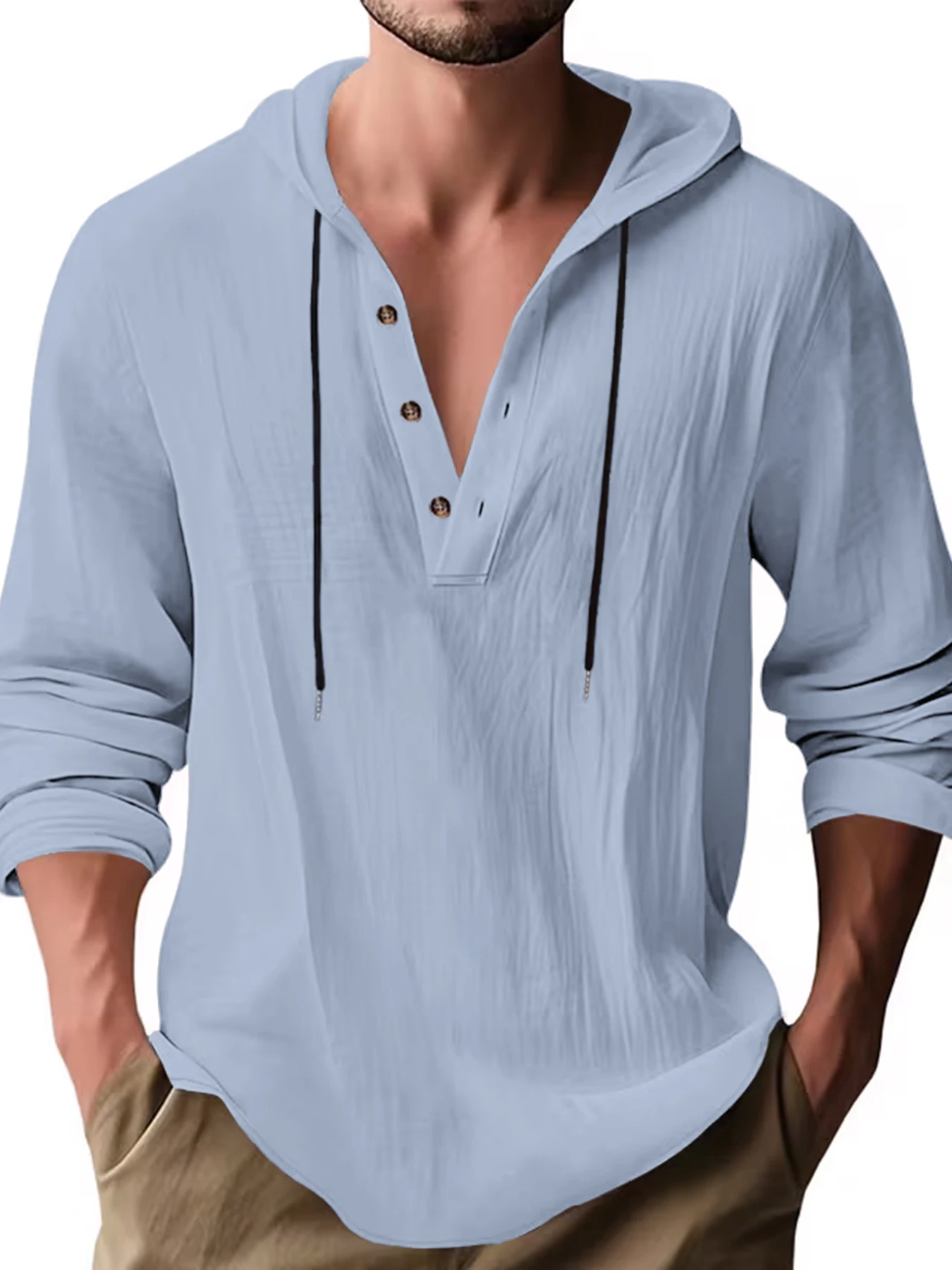 Herren Baumwoll-Leinen Kapuzen-Henley-Shirt Pullover Atmungsaktiv Bequem Neuer Stil Vielseitige Freizeitkleidung – Detail 35