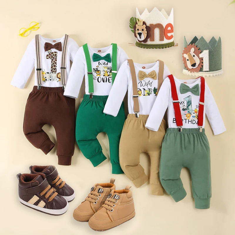 

Cute Jungle Safari Costume for Baby Boy 1st Birthday Outfit Newborn Clothes Animal Printed Lion Romper with Suspender Pants