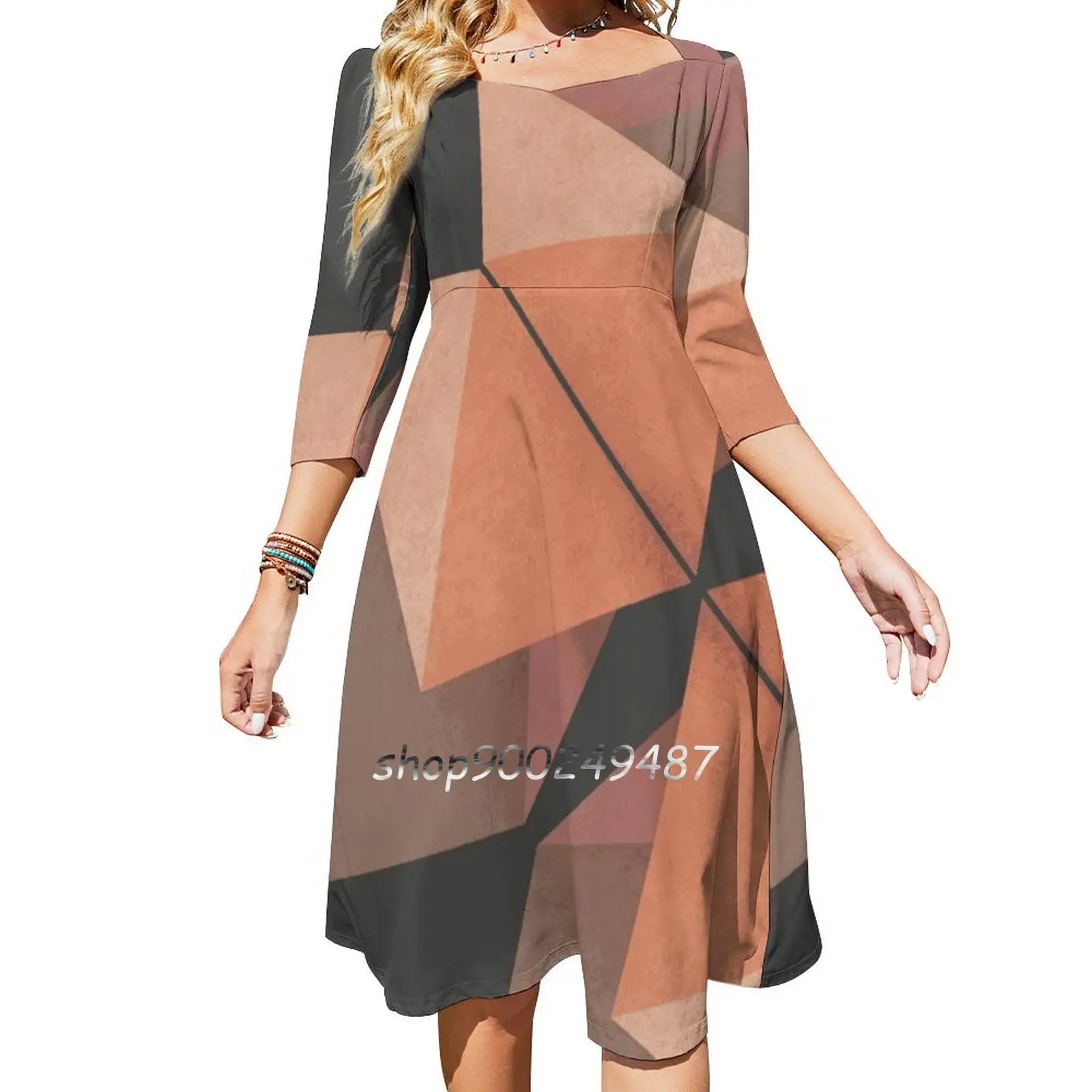 Texured Rose Gold Square Neck Dress Cute Loose Print Dresses Elegant Beach Party Dress Geometric Rose Gold Funky Triangles