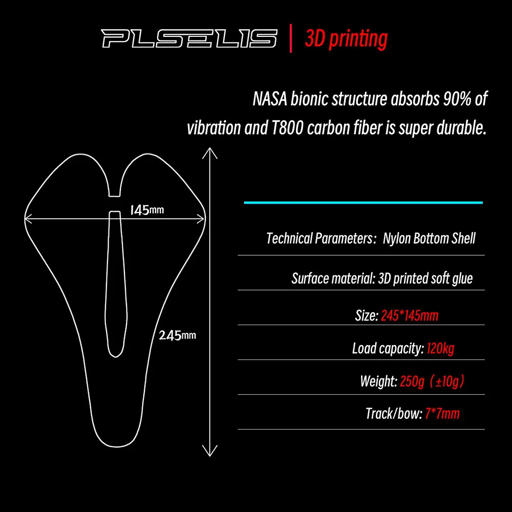Plselis Full Carbon Bicycle Saddle - Lightweight 250g Shock Absorption Carbon Fiber Cushion with 3D Printed Surface Partition