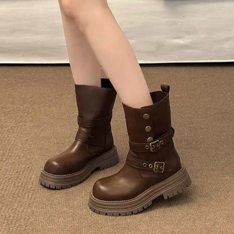 

Коричневые женские ботинки на толстой подошве, черные осенние винтажные ботинки в британском стиле, удобные повседневные полусапоги средней длины