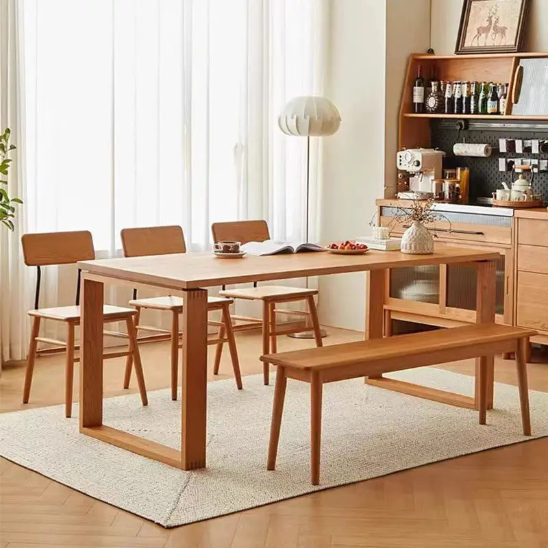 Nordic all solid wood dining table and chair combination cherry wood long table stool large board table household log workbench