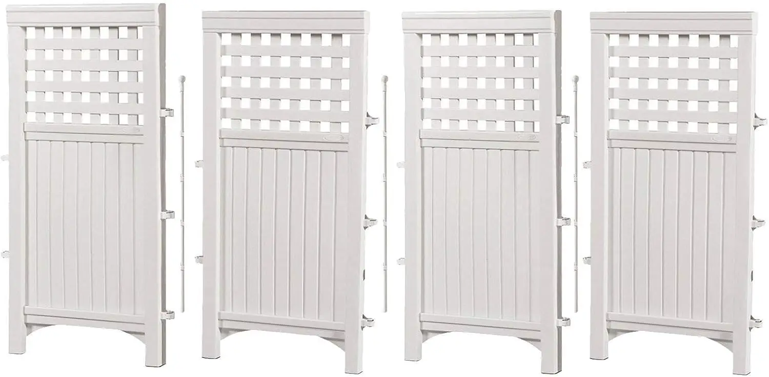 

4-Panel Outdoor Privacy Screen - Freestanding Wicker Resin Reversible Panels for Hiding Garbage Cans and AC Units in White