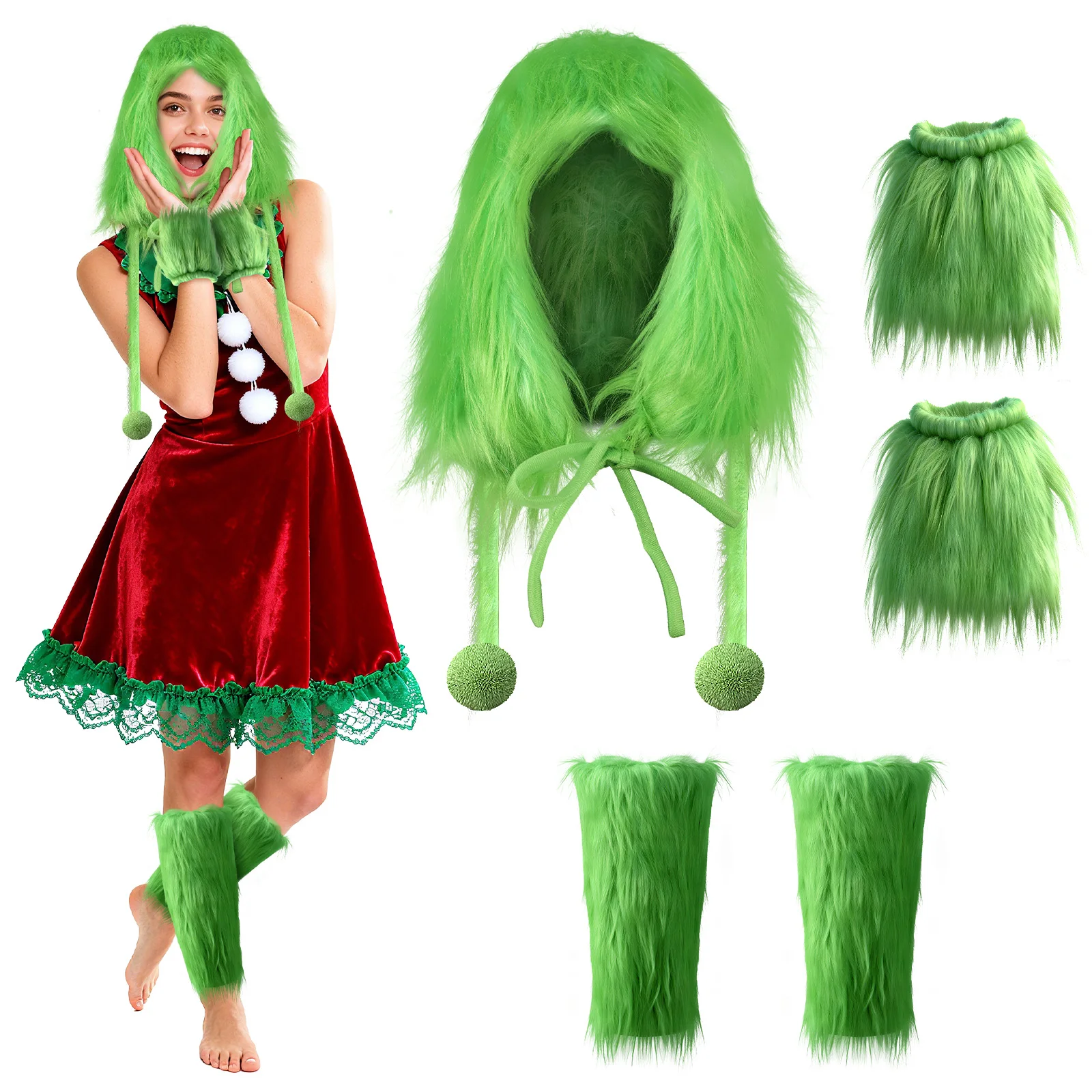 

Furry Santa Hat Green Christmas Earflap Hat Adult Plush Wrist Sleeve Furry Velvet For Women Men Xmas Cosplay Costume Party Props