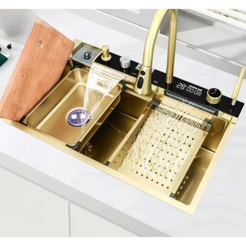

High Quality Luxury Color Customized Professional Single Bowl Gold Waterfall Stainless Steel Sinks for Kitchen