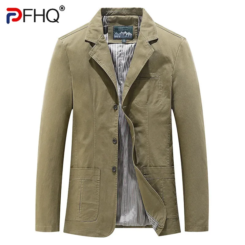 PFHQ New Autumn Winter Men's Cotton Suit Jacket Fashion Casual Solid Color Long Sleeve Single Breast Male Blazer 21Z7046