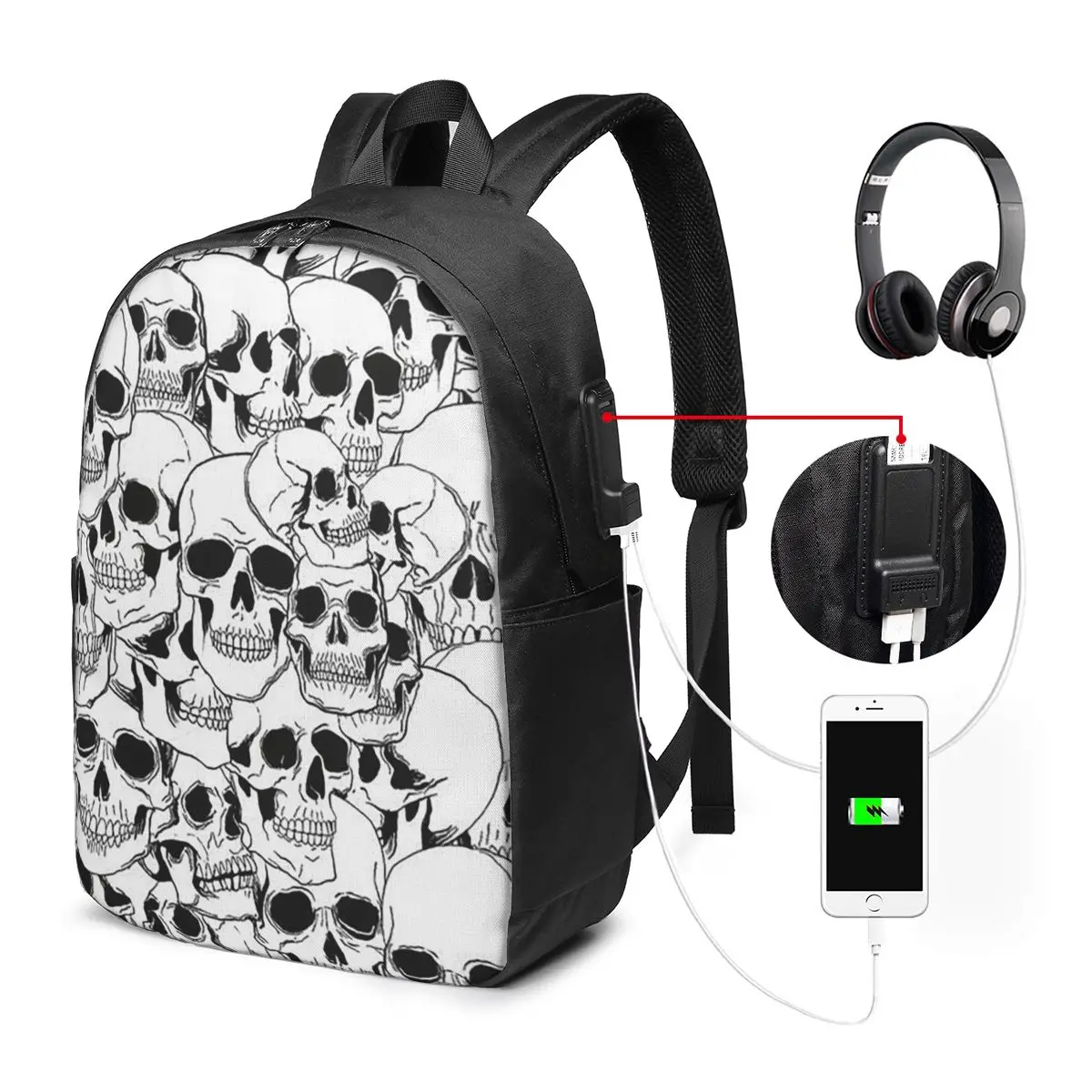 White Human Skull Sketching Art Backpack Travel Notebook Bag Computer College Student School Bag Laptop Shoulder Bags Men Women