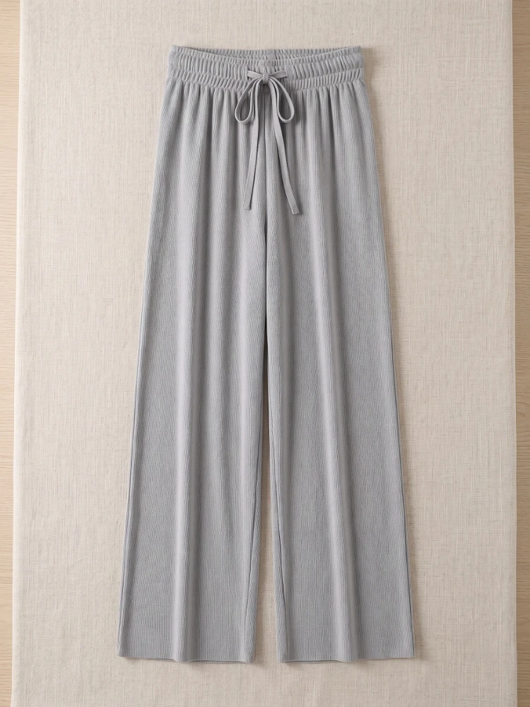 2026 Summer Slacks Loose Women Pants Soft Ice Silk Ankle-Length Black Wide Leg Pants Grey Khaki Women High Waisted Trousers