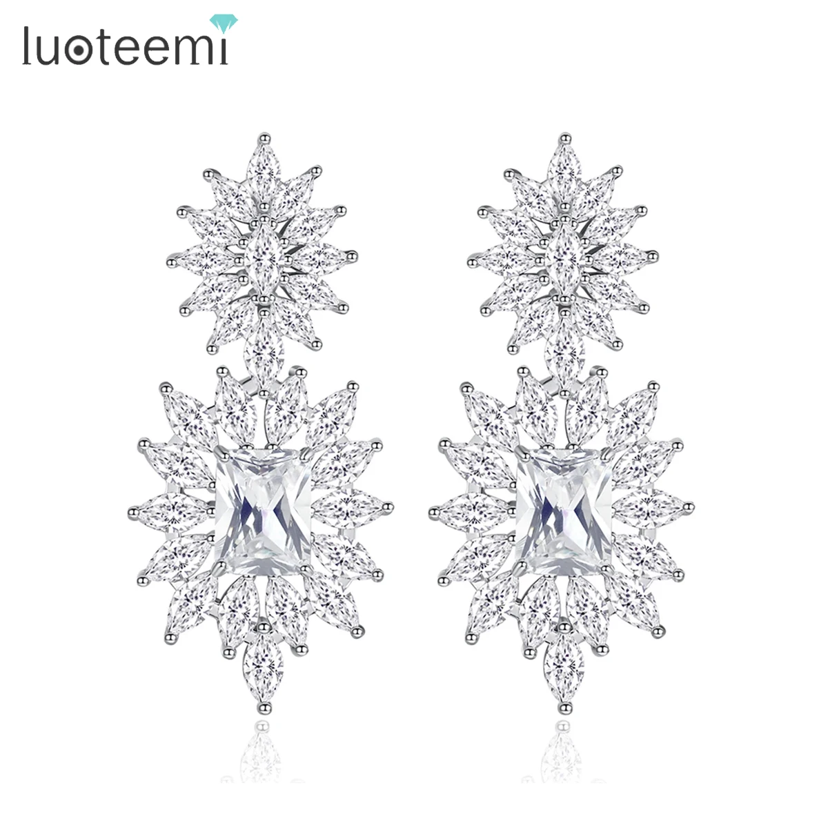 LUOTEEMI Sparkling Water Drop Cubic Zirconia Drop Earrings for Bride Big Luxury Wedding Bridal Accessories Charm Christmas Gifts