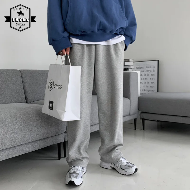 

Korean Cotton Straight Pant Mens Streetwear Loose Casual Fashion Sports Trousers Male Solid Color Harajuku Wide Leg Pants Autumn