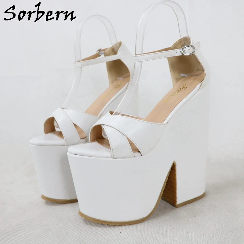 Sorbern White Matt Slingback Women Sandals Block High Heel Summer Shoes Ankle Strap Wide Cross Strap Female Shoes Custom